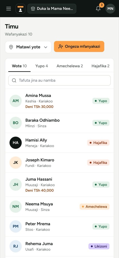 Wafanyakazi team list with attendance status
